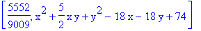 [5552/9009, x^2+5/2*x*y+y^2-18*x-18*y+74]